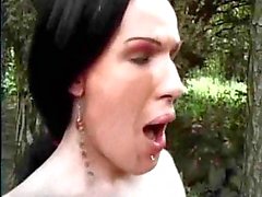 White shemale fucks a chap in a lonely place outdoor