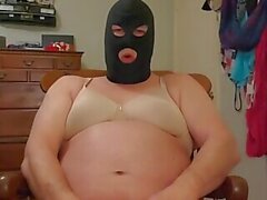 Masked sissy stroking and slapping to cumming