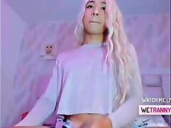 Blonde tranny teen stroking her big cock