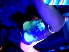 Tranny takes 14 inch horse cock dildo on fuck machine black light w/ cumshot